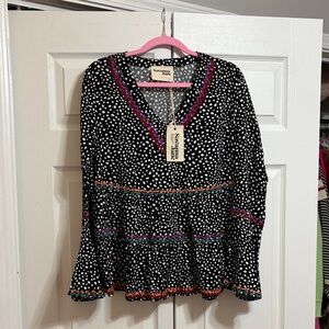 Savanna Jane Black Polka Dot Blouse with Multicolor Trim